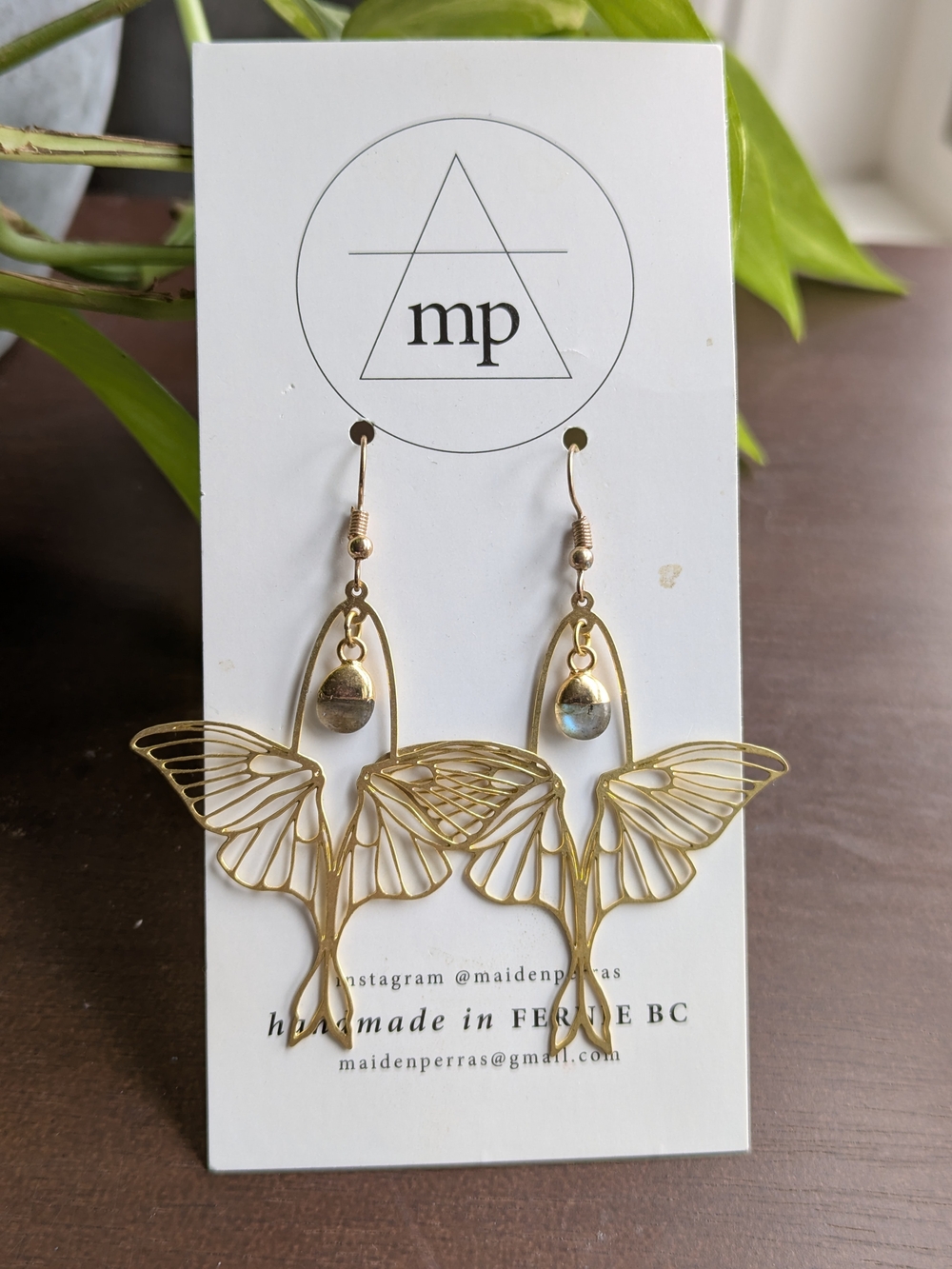 NWT Maiden Perras Gold Luna Moth Labradorite Drop Earrings Whimsigoth Fairycore - Picture 7 of 9